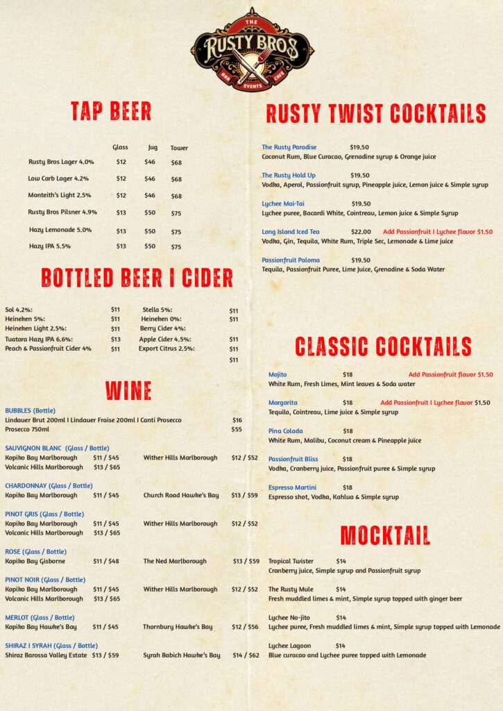 Rusty Bros Moctails Menu